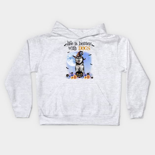 Husky Witch Hat Life Is Better With Dogs Halloween Kids Hoodie by Marcelo Nimtz